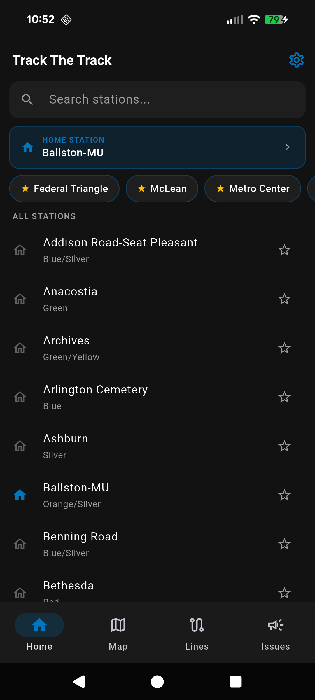 Track the Track — Home screen showing station list